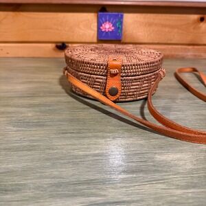 Bali Rattan Round Bag Boho Straw Crossbody Woven Purse Batik Lining